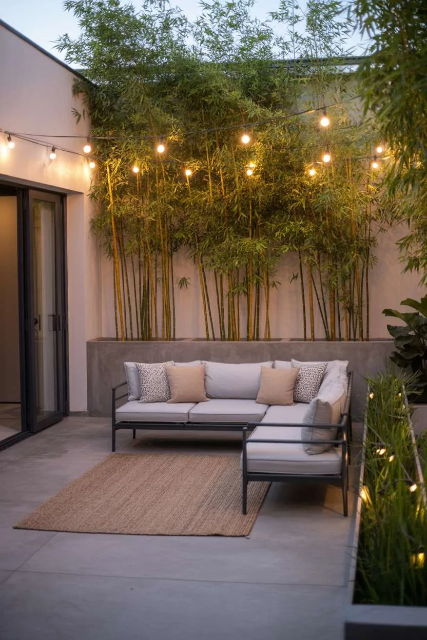 22 Stunning Modern Patio Design Ideas to Inspire You 4 Gray sectional sofa with patterned pillows on concrete floor surrounded by bamboo plants and string lights