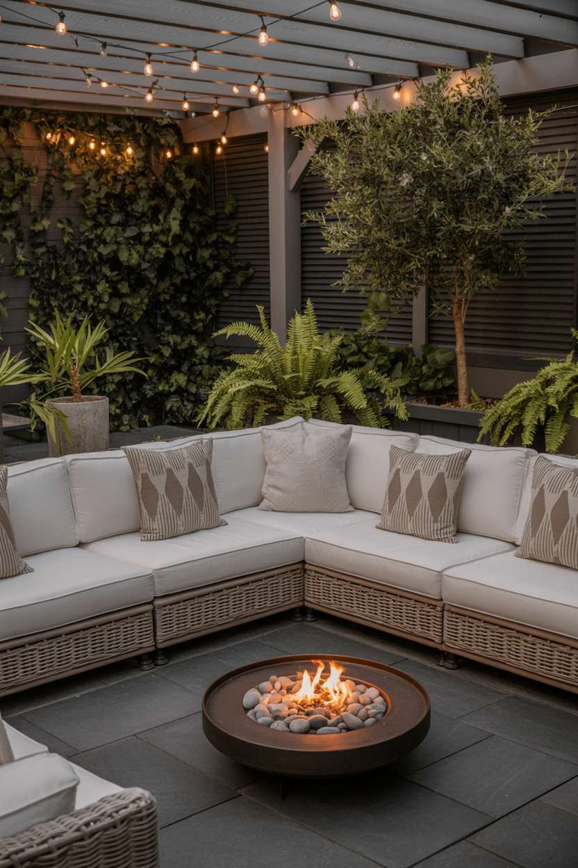 22 Stunning Modern Patio Design Ideas to Inspire You 5 Cream sectional sofa around circular fire pit with river rocks and pergola string lights