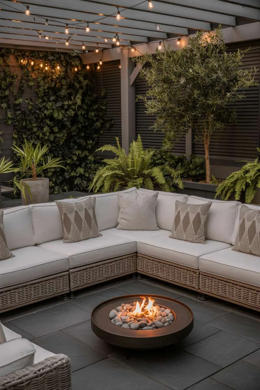 22 Stunning Modern Patio Design Ideas to Inspire You 5 Cream sectional sofa around circular fire pit with river rocks and pergola string lights