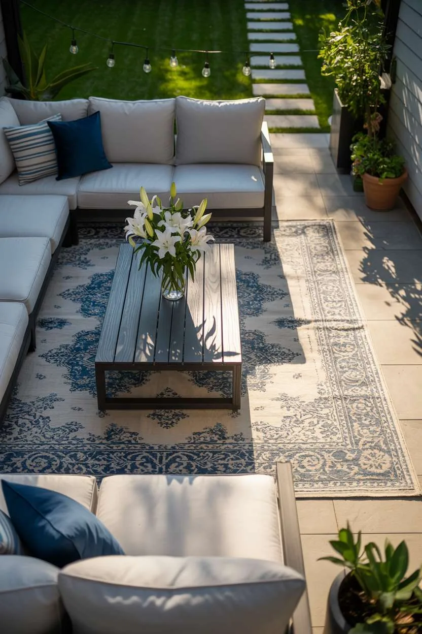 22 Stunning Modern Patio Design Ideas to Inspire You 6 Gray sectional with white cushions, patterned rug, and stone pathway leading to garden area
