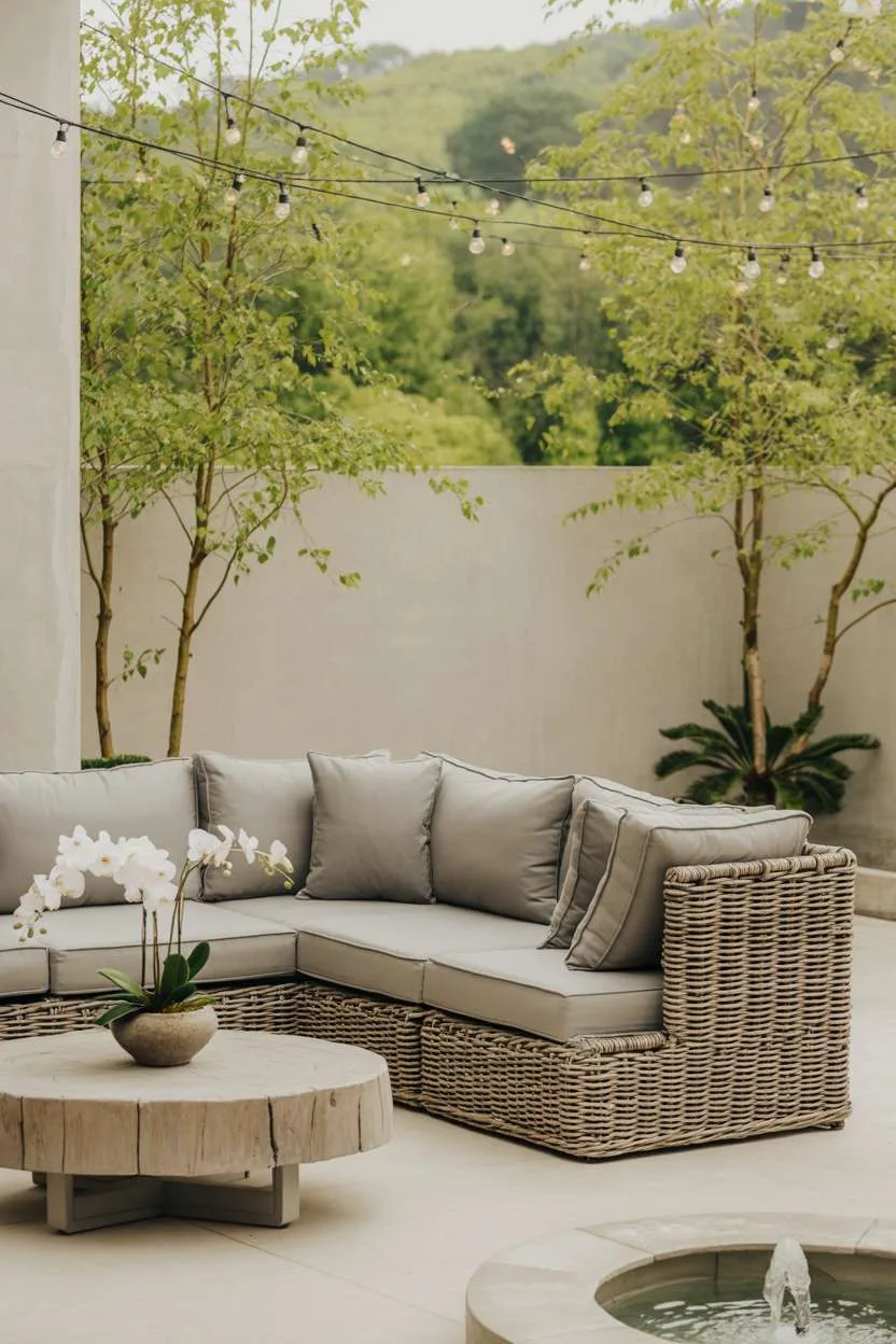 22 Stunning Modern Patio Design Ideas to Inspire You 7 Gray sectional with rattan accents, reclaimed wood coffee table, and fountain between birch trees