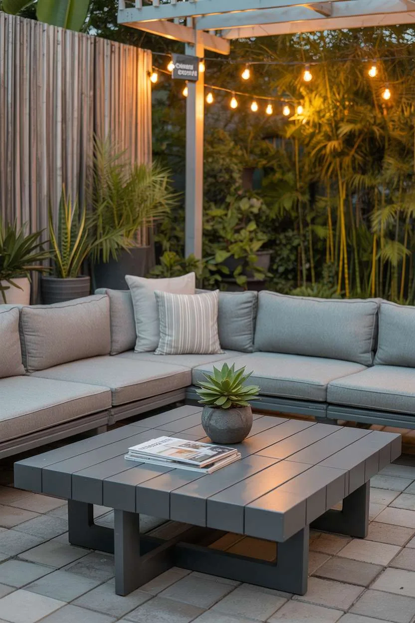 22 Stunning Modern Patio Design Ideas to Inspire You 8 Gray sectional on patterned concrete pavers with geometric coffee table and pergola string lights
