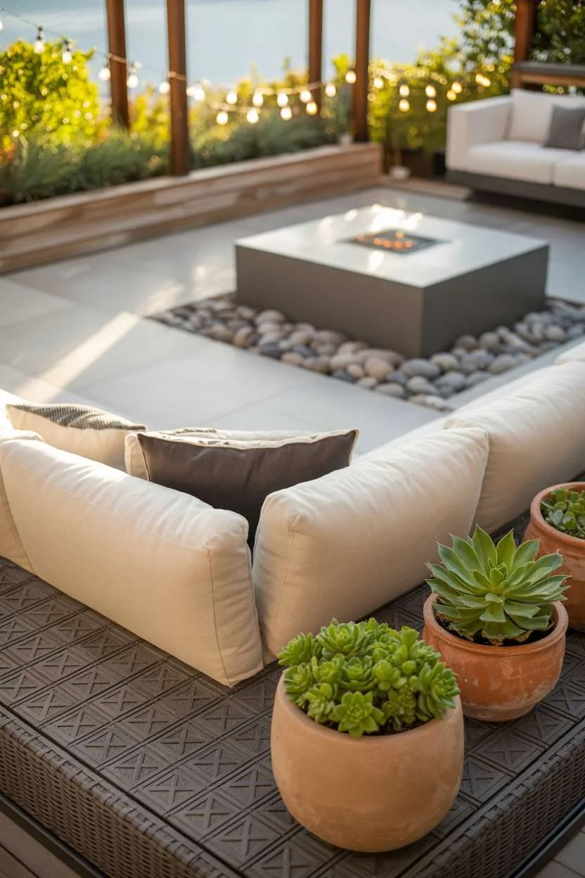 22 Stunning Modern Patio Design Ideas to Inspire You 9 Cream sectional on geometric outdoor rug with succulent planters and minimalist fire pit
