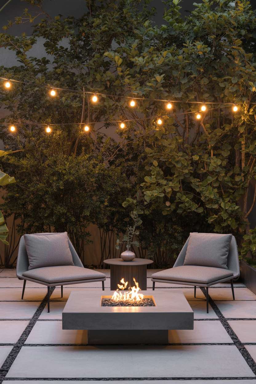 22 Stunning Modern Patio Design Ideas to Inspire You 10 Two gray lounge chairs facing minimalist concrete fire pit with string lights overhead