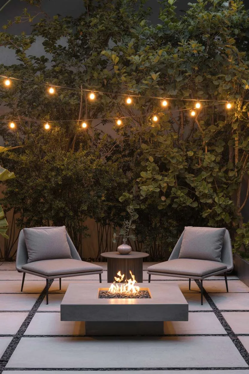 22 Stunning Modern Patio Design Ideas to Inspire You 10 Two gray lounge chairs facing minimalist concrete fire pit with string lights overhead