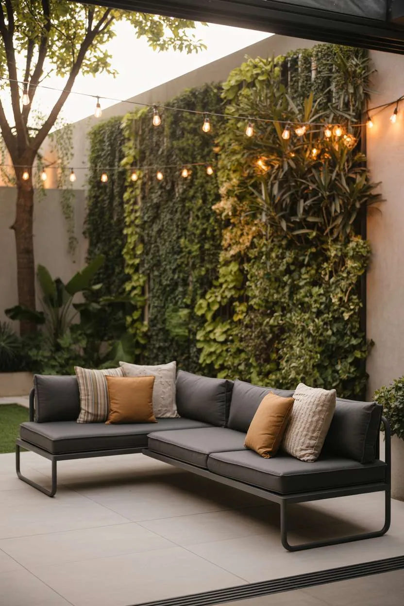 22 Stunning Modern Patio Design Ideas to Inspire You 11 Charcoal sectional on concrete patio with vertical garden wall and overhead string lights