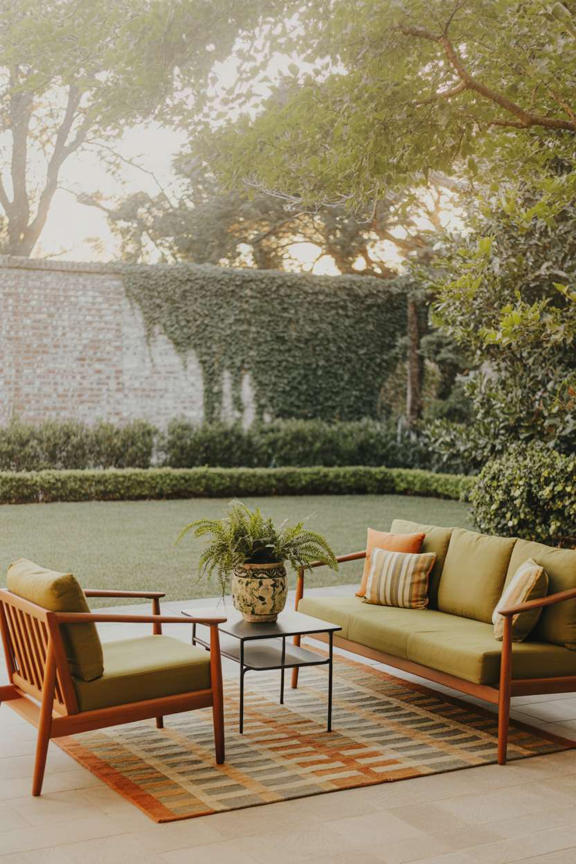 22 Stunning Modern Patio Design Ideas to Inspire You 12 Teak sofa and armchairs with olive upholstery on geometric rug with mature trees backdrop