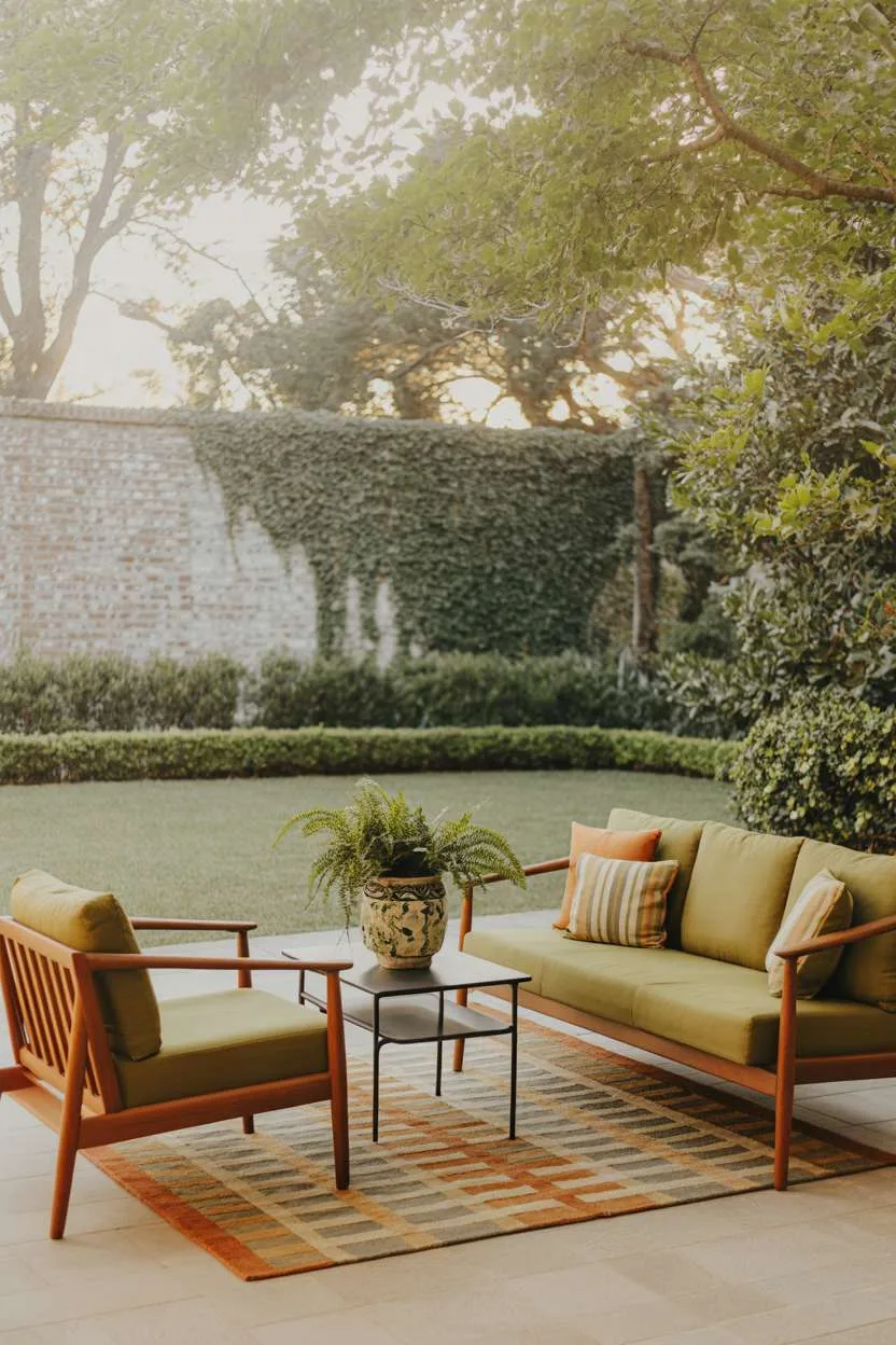 22 Stunning Modern Patio Design Ideas to Inspire You 12 Teak sofa and armchairs with olive upholstery on geometric rug with mature trees backdrop