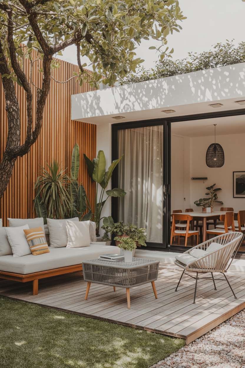 22 Stunning Modern Patio Design Ideas to Inspire You 13 Wooden deck with daybed, tropical plants, and acapulco chair overlooking green lawn
