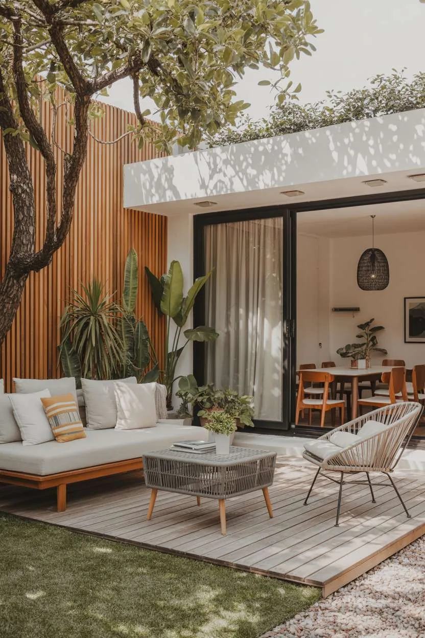 22 Stunning Modern Patio Design Ideas to Inspire You 13 Wooden deck with daybed, tropical plants, and acapulco chair overlooking green lawn