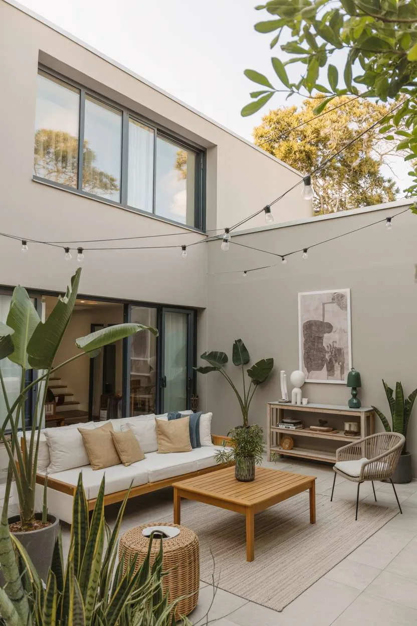 22 Stunning Modern Patio Design Ideas to Inspire You 14 White sectional on gray tiles with tropical plants and string lights against two-story modern building