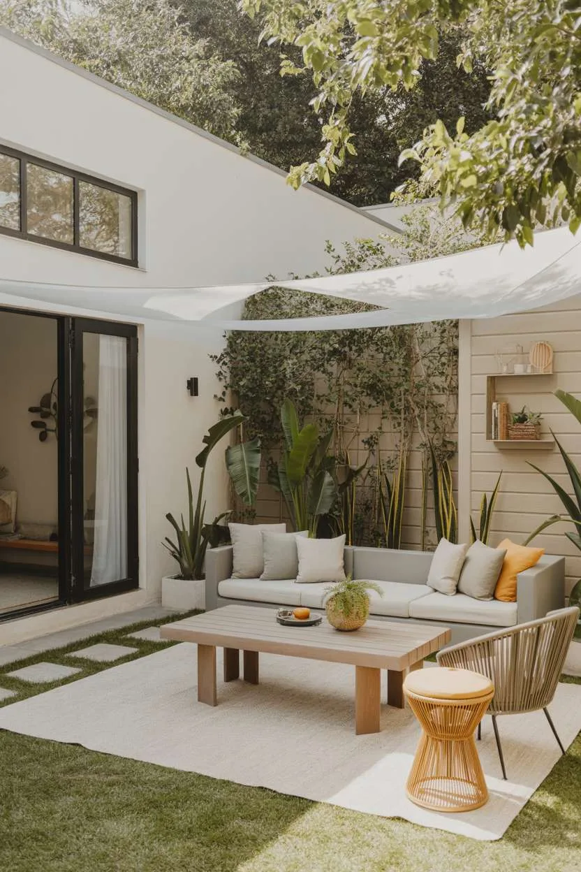 22 Stunning Modern Patio Design Ideas to Inspire You 16 Light gray sofa under white geometric ceiling with tropical plants on artificial turf flooring