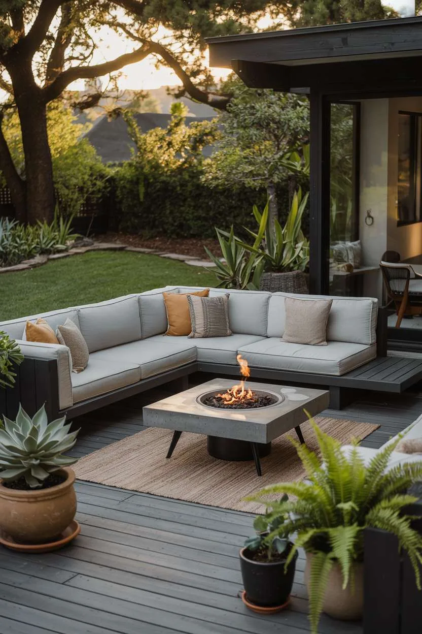 22 Stunning Modern Patio Design Ideas to Inspire You 17 Gray sectional on dark wood deck with gas fire pit and sculptural succulents