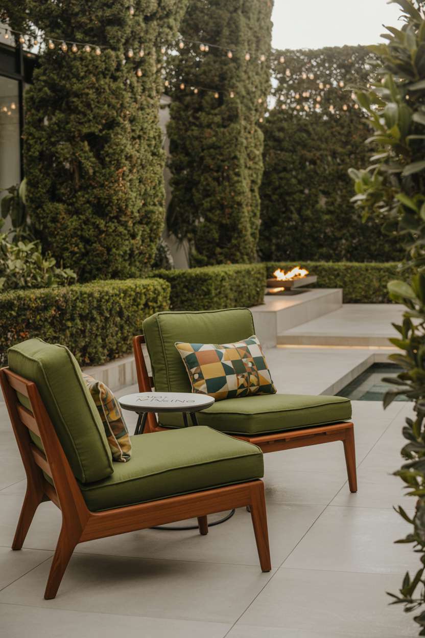 22 Stunning Modern Patio Design Ideas to Inspire You 18 Olive-green armchairs with teak frames near minimalist fire pit with manicured hedge backdrop