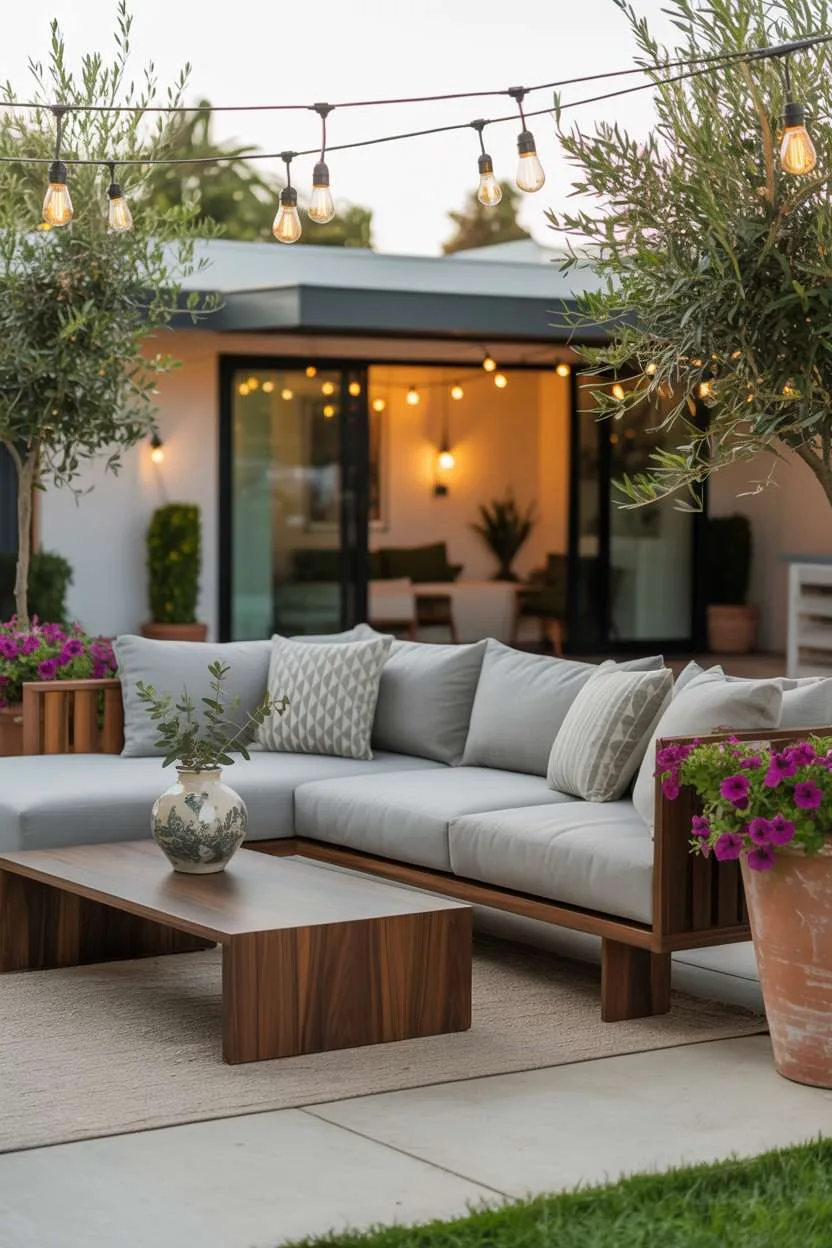 22 Stunning Modern Patio Design Ideas to Inspire You 19 Dove-gray sectional with walnut coffee table, olive trees, and Edison bulb string lights