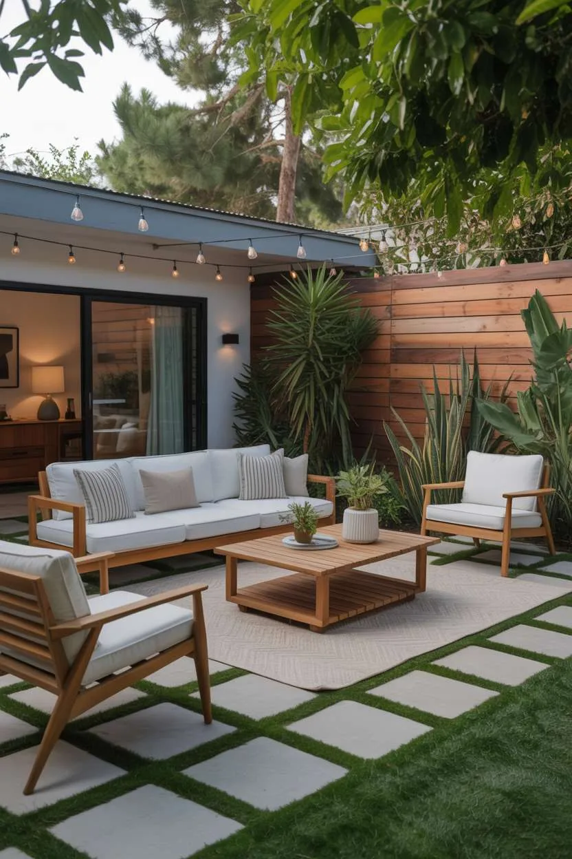 22 Stunning Modern Patio Design Ideas to Inspire You 20 Wooden coffee table on beige rug with gray sofas and geometric grass-concrete paver pattern