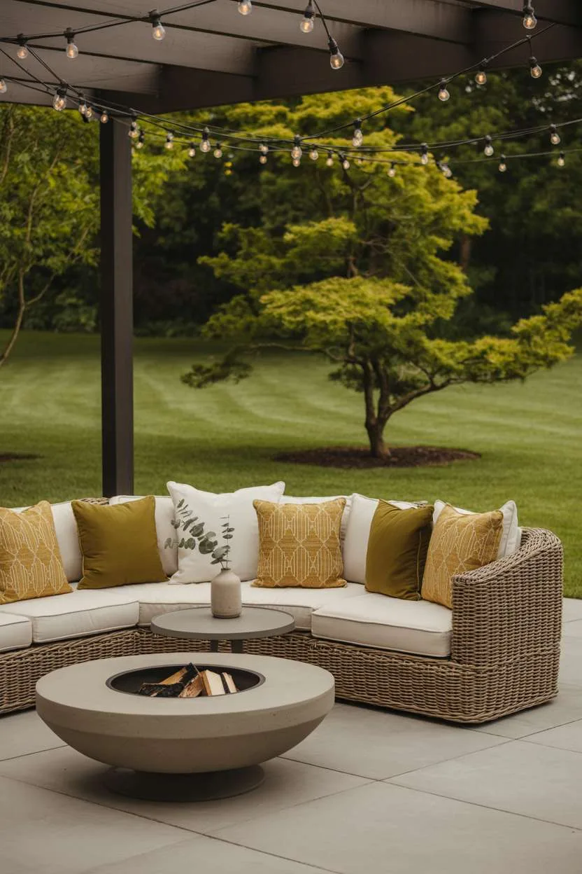 22 Stunning Modern Patio Design Ideas to Inspire You 21 Deep-cushioned rattan sofa around circular concrete fire pit with Japanese maple trees