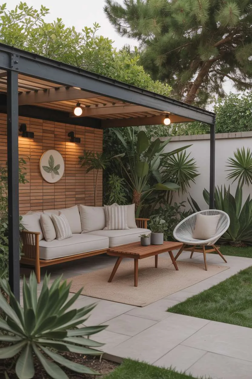 22 Stunning Modern Patio Design Ideas to Inspire You 22 Beige sectional under black pergola with globe lights, tropical plants, and circular leaf artwork