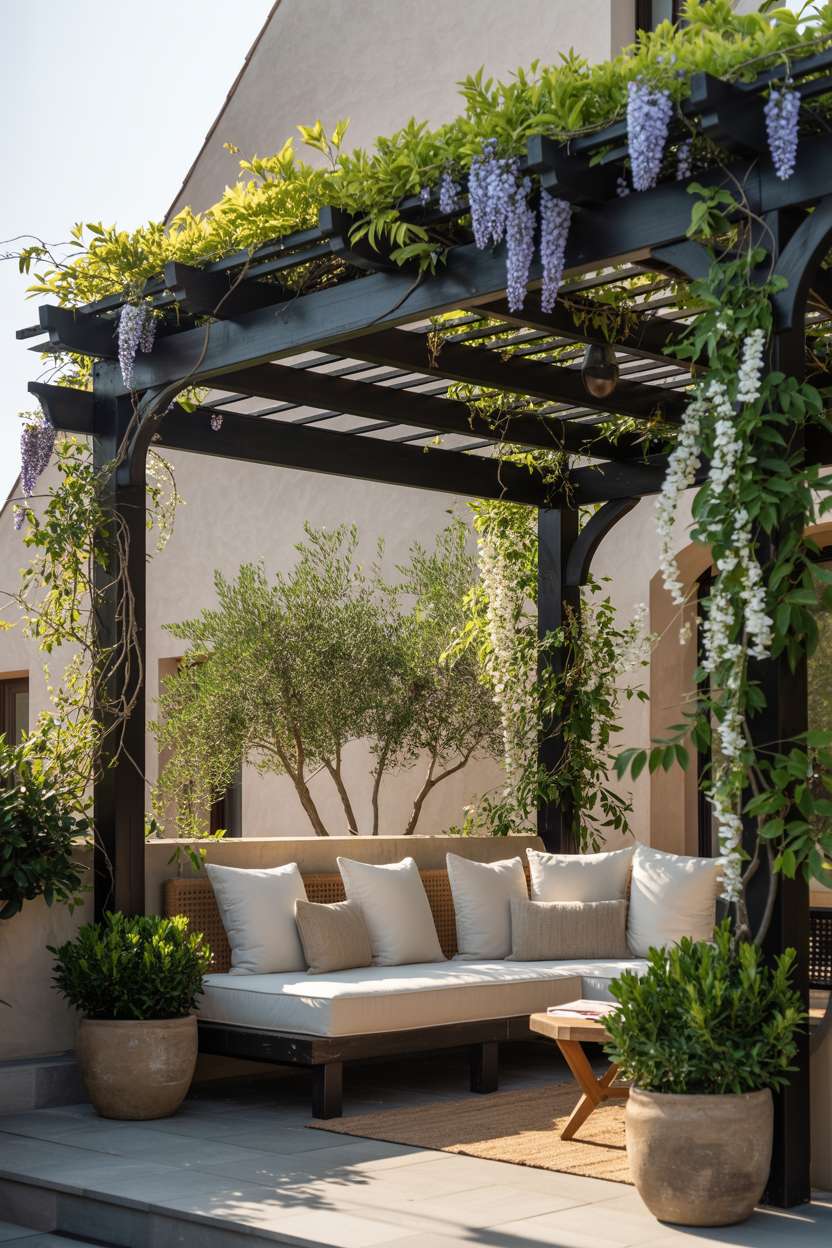 27 Stunning Modern Pergola Design Ideas for Stylish Shade 1 Modern pergola with dark wood slats and purple wisteria vines creating natural shade over cream seating area