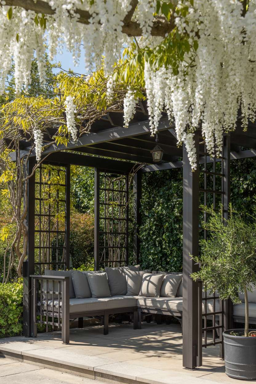 27 Stunning Modern Pergola Design Ideas for Stylish Shade 3 Cedar and wrought iron pergola with white wisteria and olive tree creating a Mediterranean outdoor seating area