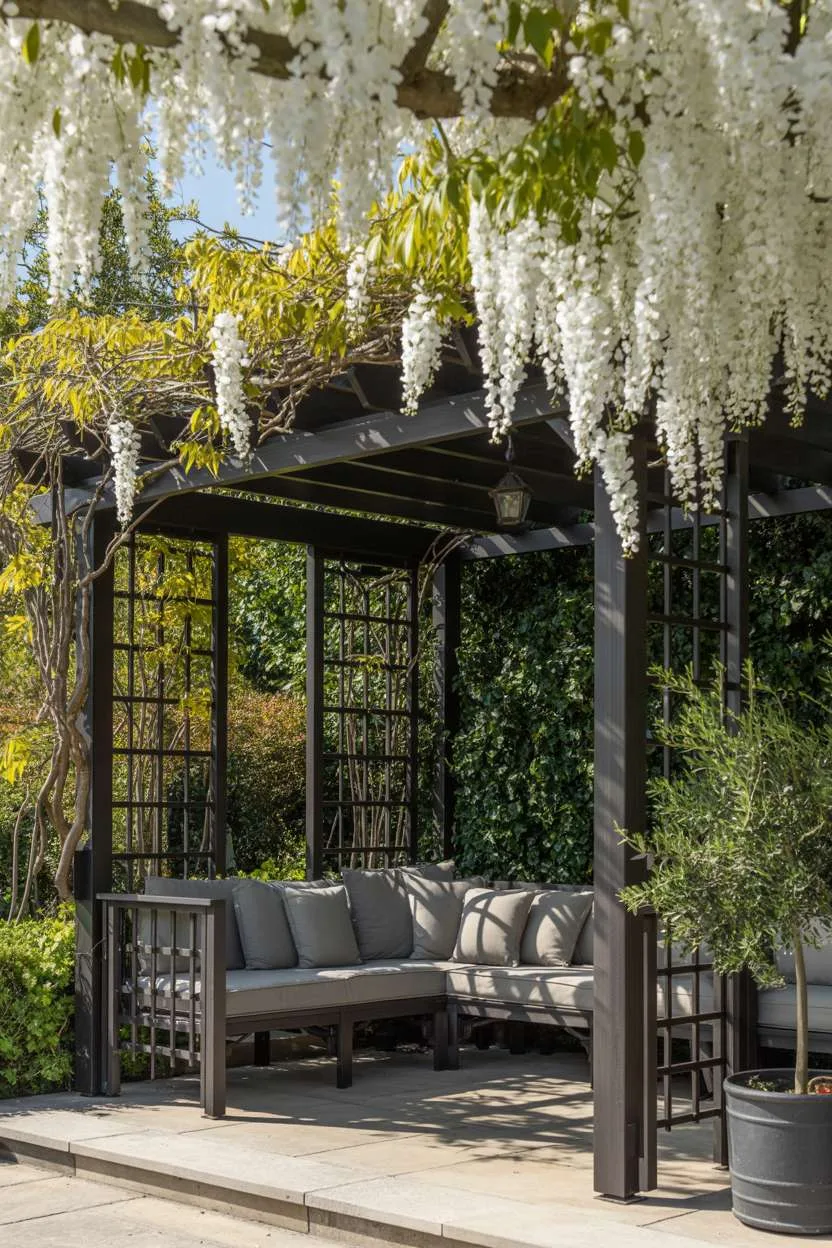 27 Stunning Modern Pergola Design Ideas for Stylish Shade 3 Cedar and wrought iron pergola with white wisteria and olive tree creating a Mediterranean outdoor seating area