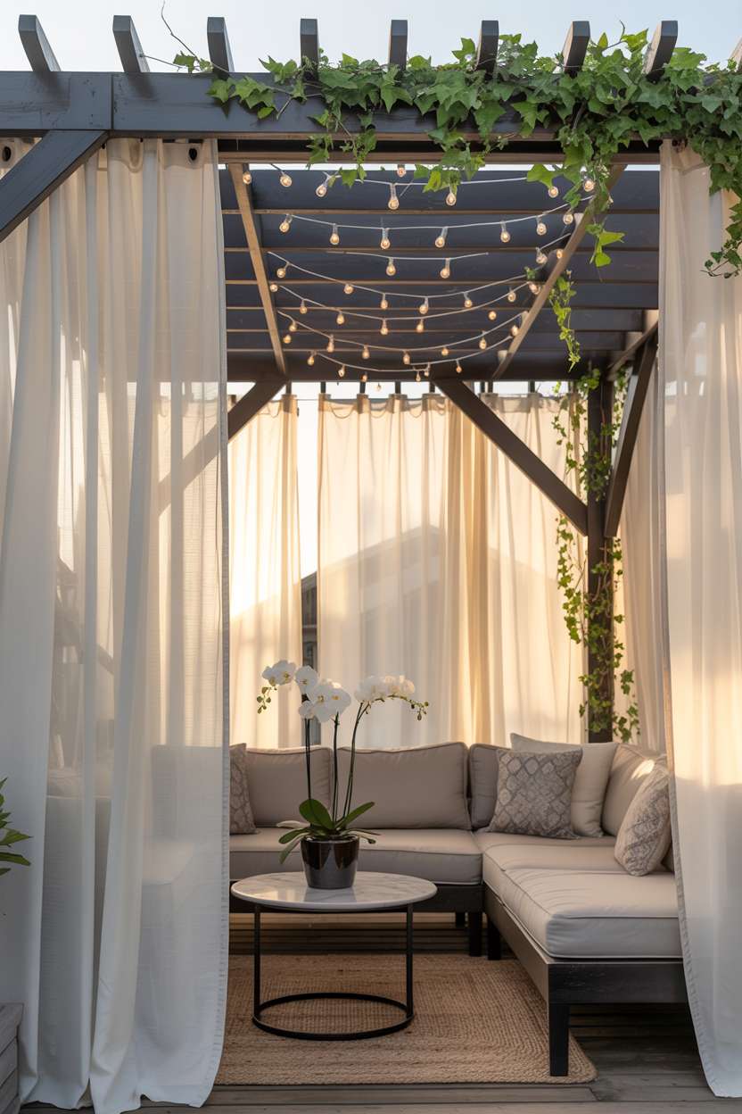 27 Stunning Modern Pergola Design Ideas for Stylish Shade 4 Dark wood pergola with white sheer curtains and fairy lights over grey sectional seating