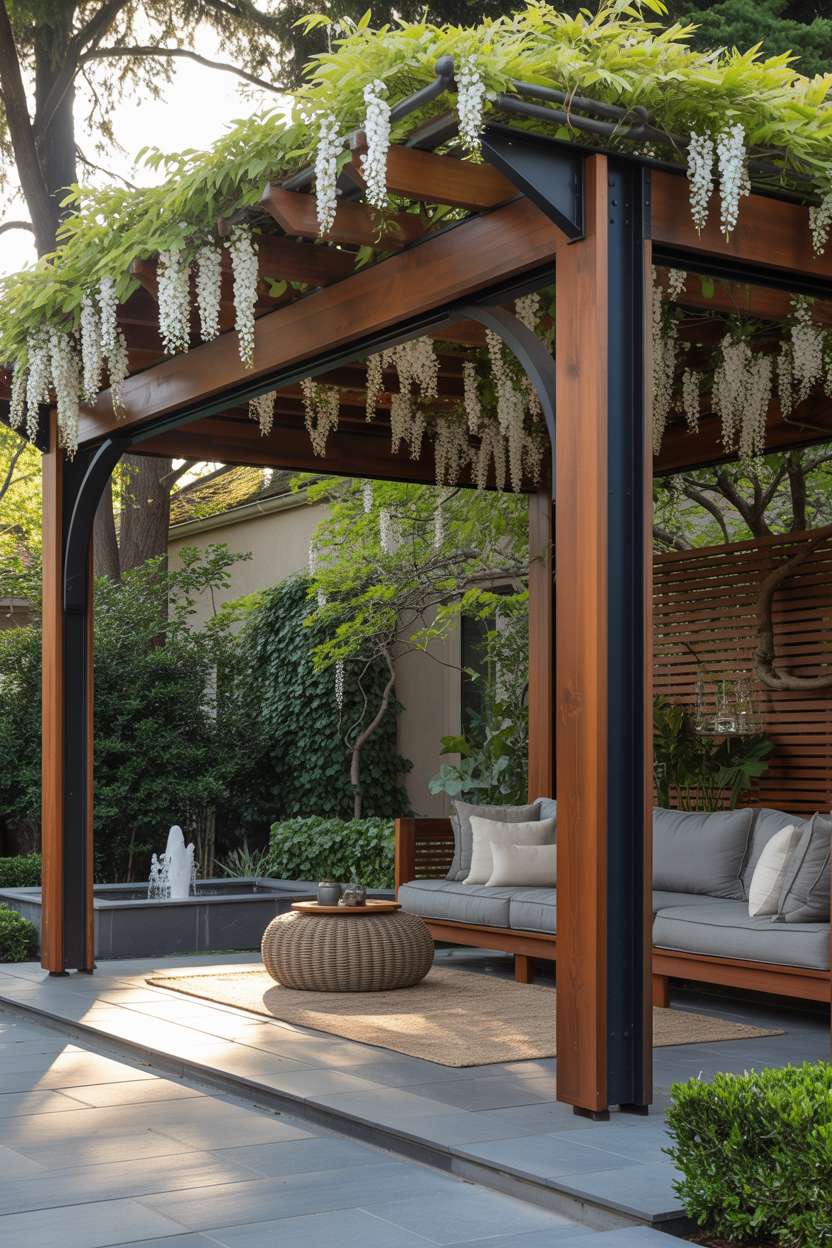 27 Stunning Modern Pergola Design Ideas for Stylish Shade 5 Modern cedar and black metal pergola with wisteria canopy and minimalist fountain in landscaped yard