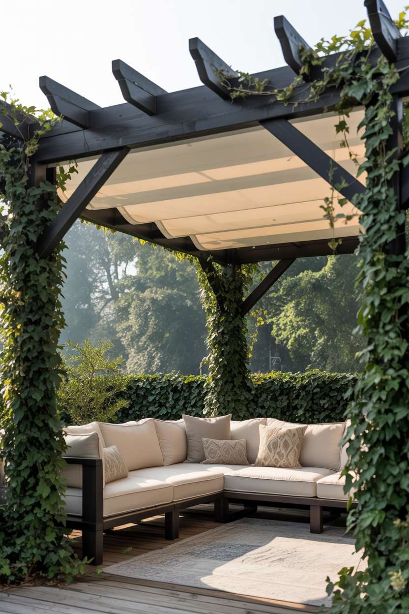27 Stunning Modern Pergola Design Ideas for Stylish Shade 6 Minimalist pergola with retractable beige canvas roof and ivy coverage over cream sectional sofa