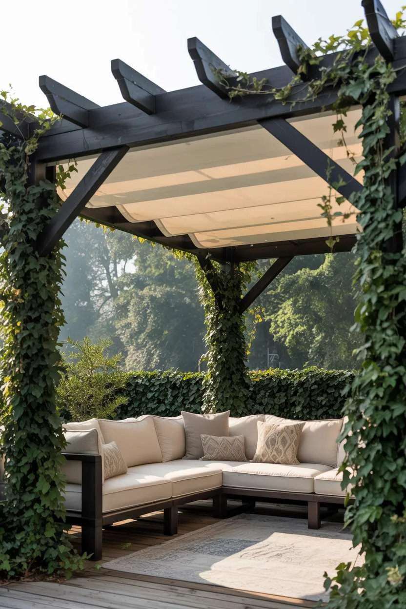 27 Stunning Modern Pergola Design Ideas for Stylish Shade 6 Minimalist pergola with retractable beige canvas roof and ivy coverage over cream sectional sofa