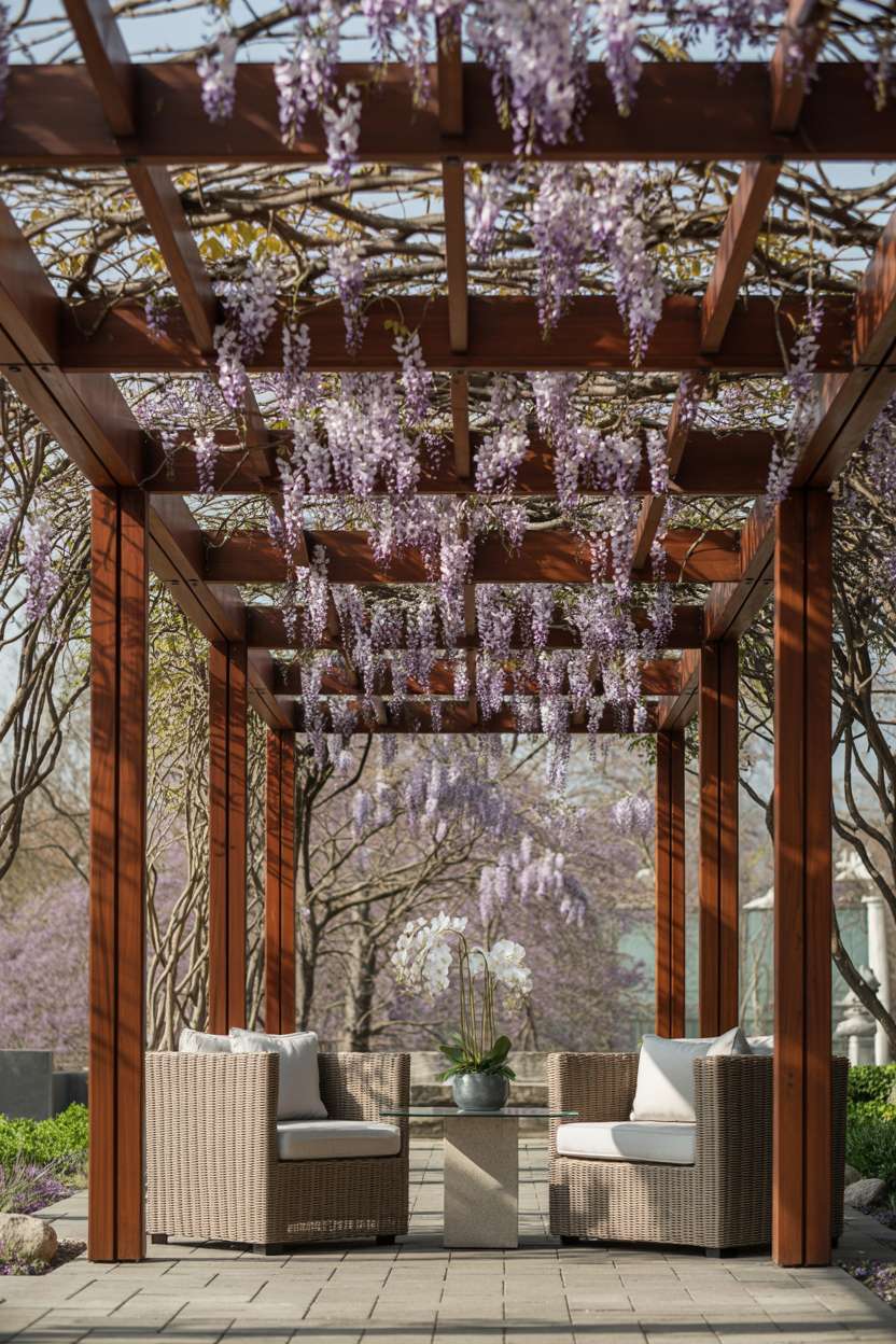 27 Stunning Modern Pergola Design Ideas for Stylish Shade 7 Tall cedar pergola with geometric design and cascading wisteria viewed from a low angle with an orchid accent