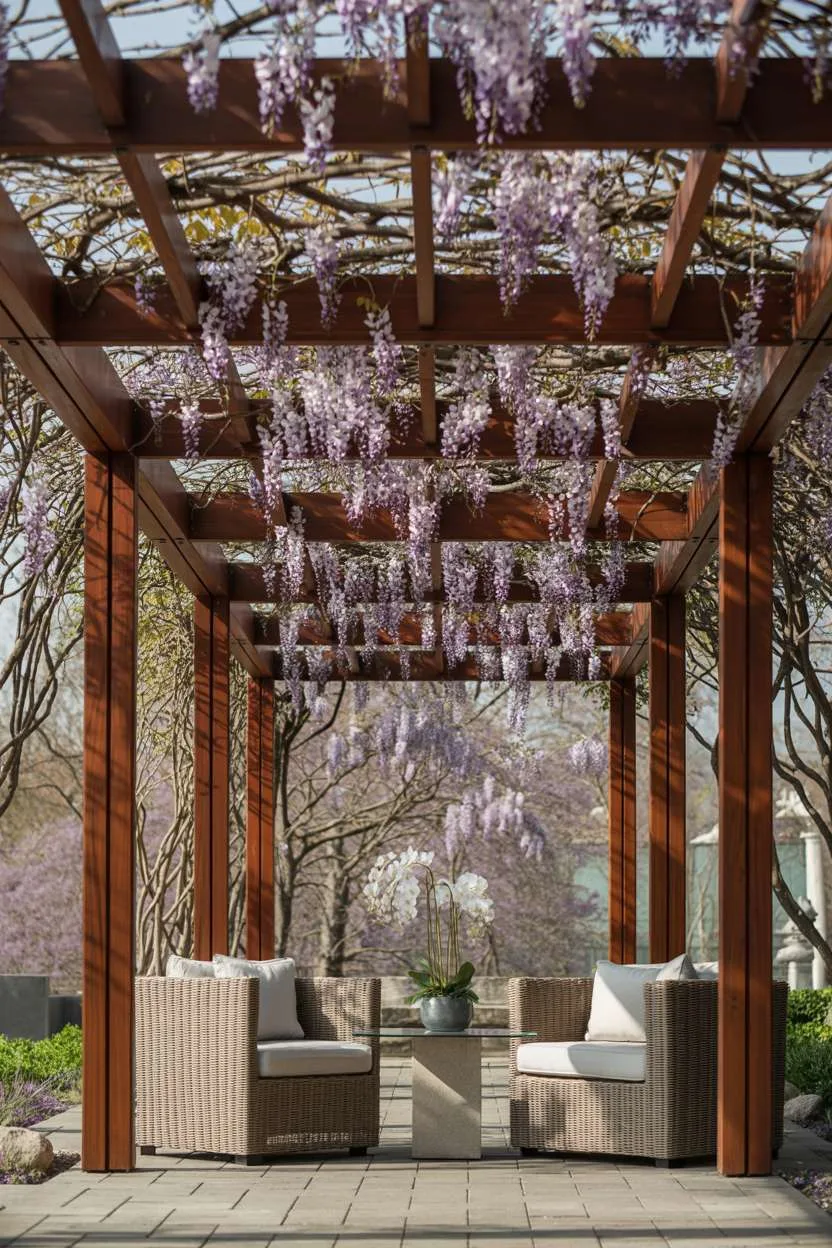 27 Stunning Modern Pergola Design Ideas for Stylish Shade 7 Tall cedar pergola with geometric design and cascading wisteria viewed from a low angle with an orchid accent