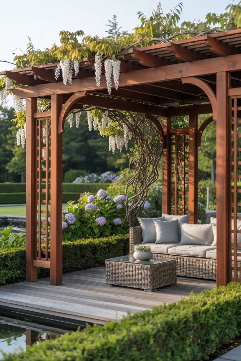 27 Stunning Modern Pergola Design Ideas for Stylish Shade 8 Elegant cedar pergola with lattice work over woven rattan seating near reflecting pond and landscaped garden