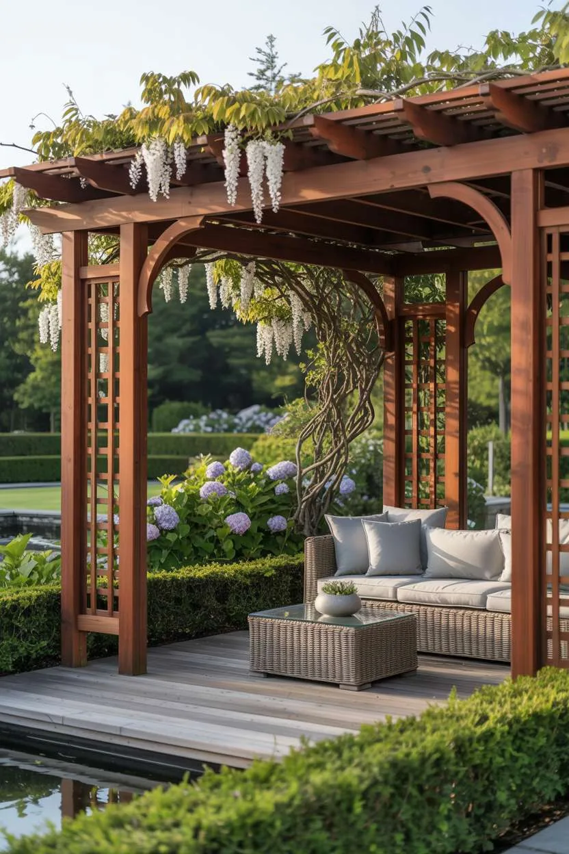 27 Stunning Modern Pergola Design Ideas for Stylish Shade 8 Elegant cedar pergola with lattice work over woven rattan seating near reflecting pond and landscaped garden