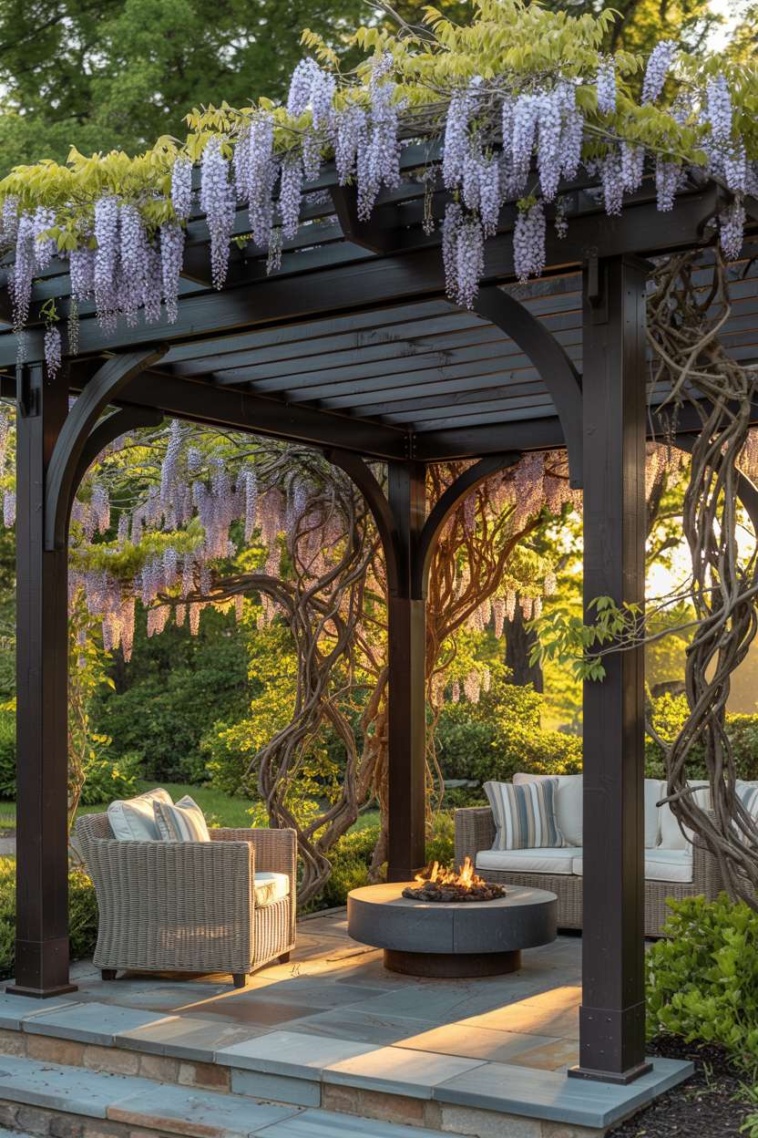 27 Stunning Modern Pergola Design Ideas for Stylish Shade 9 Cedar and wrought iron pergola with lavender wisteria over circular fire pit and wicker seating area