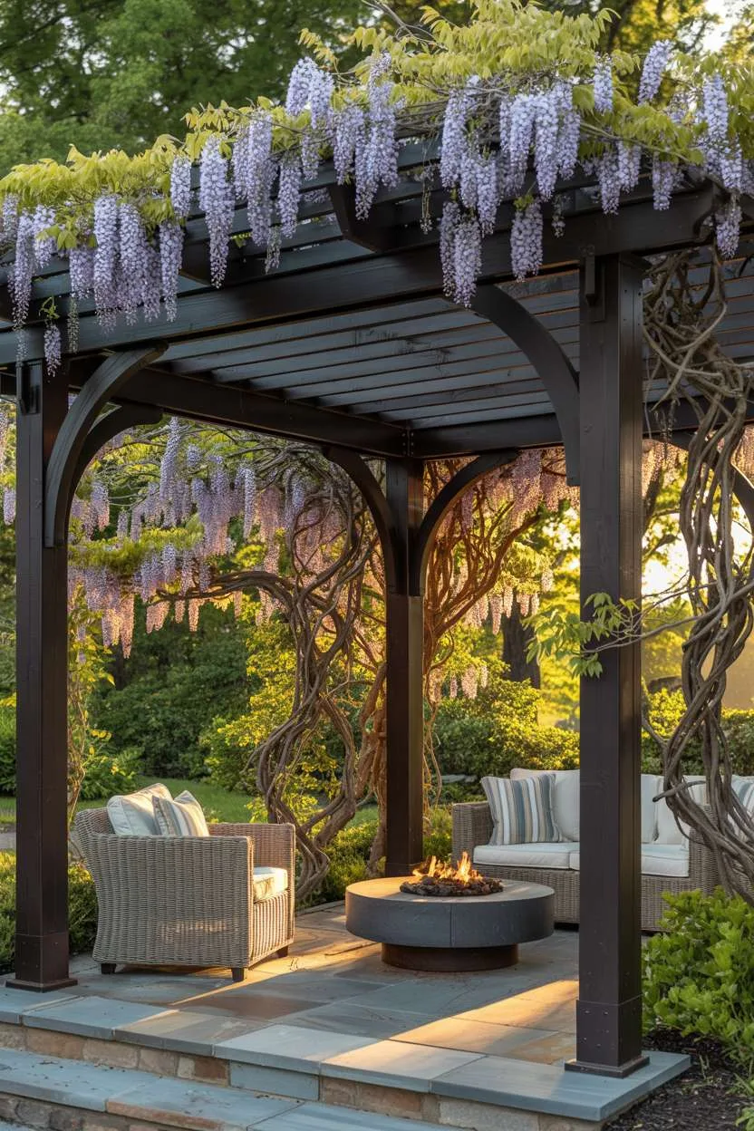 27 Stunning Modern Pergola Design Ideas for Stylish Shade 9 Cedar and wrought iron pergola with lavender wisteria over circular fire pit and wicker seating area