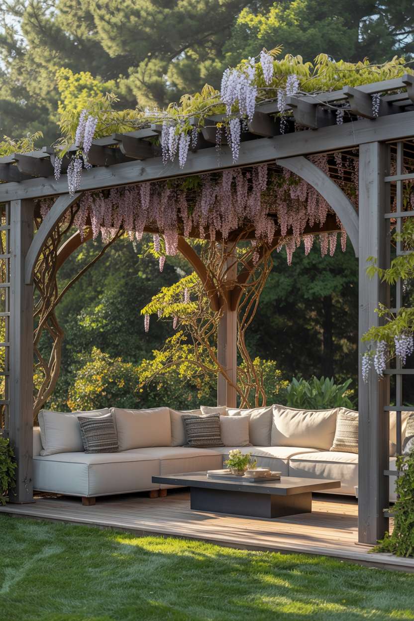 27 Stunning Modern Pergola Design Ideas for Stylish Shade 10 Modern grey wood and black metal pergola with purple wisteria over cream sectional sofa on green lawn