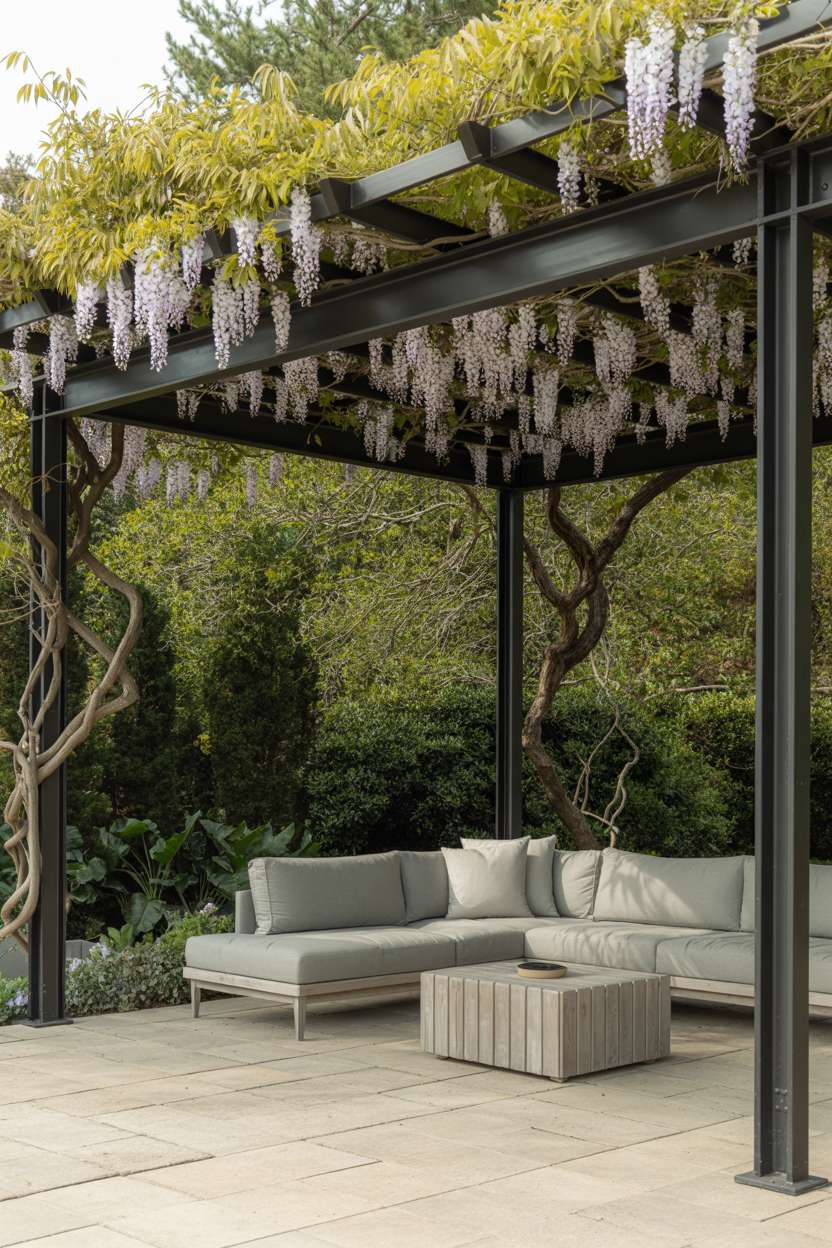 27 Stunning Modern Pergola Design Ideas for Stylish Shade 11 Black metal pergola with white wisteria canopy over grey sectional and wooden coffee table on stone patio