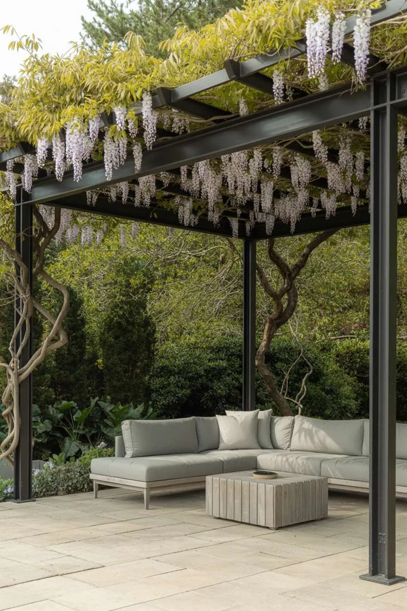 27 Stunning Modern Pergola Design Ideas for Stylish Shade 11 Black metal pergola with white wisteria canopy over grey sectional and wooden coffee table on stone patio