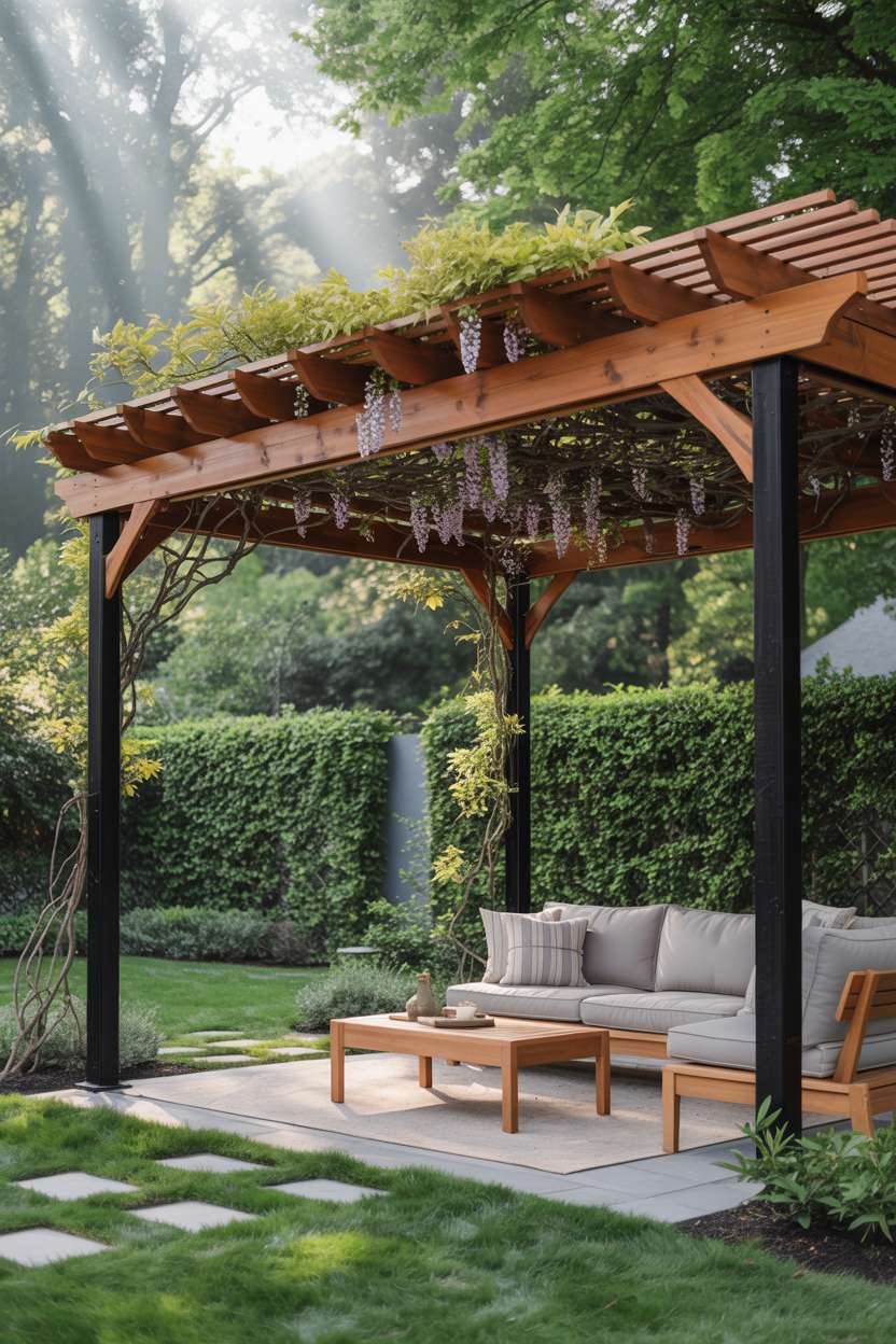 27 Stunning Modern Pergola Design Ideas for Stylish Shade 12 Cedar and black metal pergola with purple wisteria over grey sectional near hedge pathway in landscaped yard