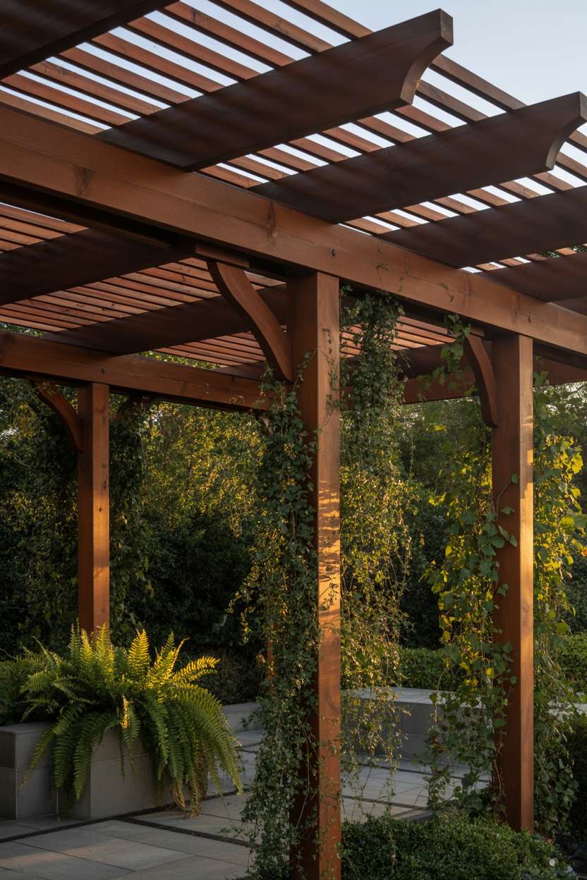 27 Stunning Modern Pergola Design Ideas for Stylish Shade 13 Slatted cedar pergola with ferns and climbing ivy creating dappled shadows on stone patio during golden hour