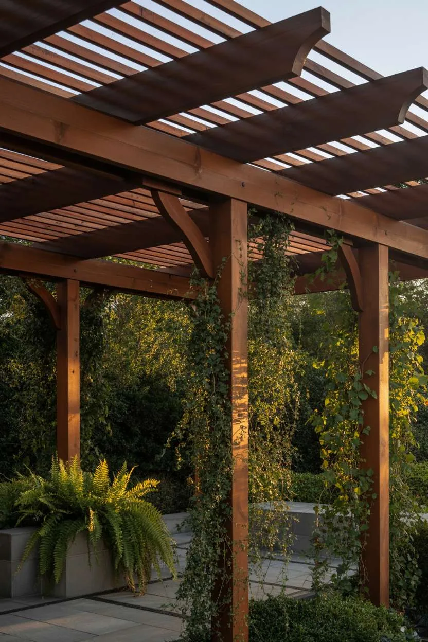 27 Stunning Modern Pergola Design Ideas for Stylish Shade 13 Slatted cedar pergola with ferns and climbing ivy creating dappled shadows on stone patio during golden hour