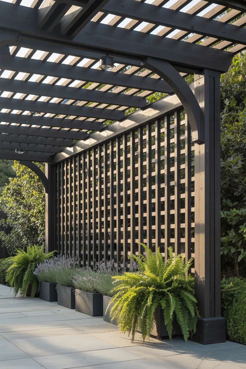 27 Stunning Modern Pergola Design Ideas for Stylish Shade 14 Modern wood and black metal pergola with geometric lattice roof casting patterns over stone patio with lavender plants