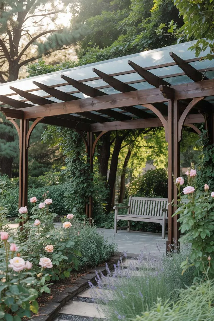 27 Stunning Modern Pergola Design Ideas for Stylish Shade 15 Mid-century modern pergola with translucent glass panels and dark wood beams over garden pathway with roses
