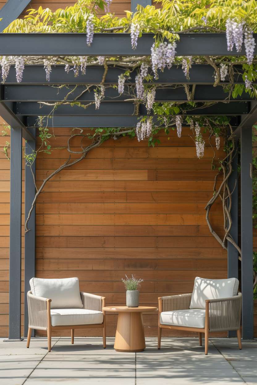 27 Stunning Modern Pergola Design Ideas for Stylish Shade 16 Grey metal and cedar pergola with white wisteria frame over minimalist cream armchairs and wooden table