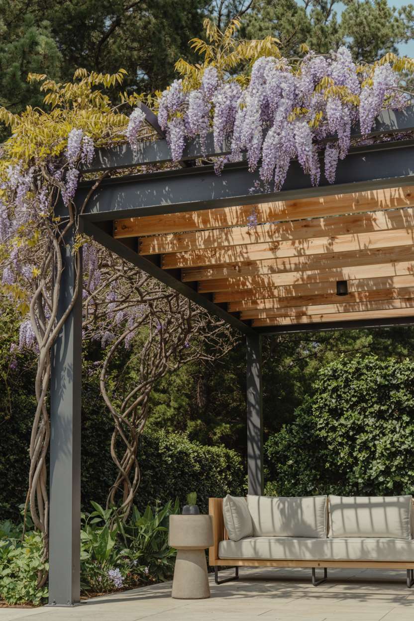27 Stunning Modern Pergola Design Ideas for Stylish Shade 17 Grey metal and cedar pergola with vibrant purple wisteria over minimalist grey sofa and ceramic lamp