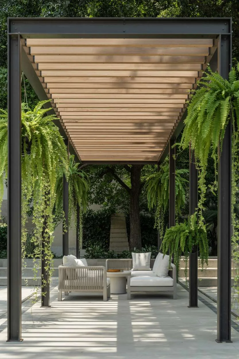 27 Stunning Modern Pergola Design Ideas for Stylish Shade 18 modern pergola 18 These modern pergola ideas transform patios and backyards into shaded spots perfect for lounging, dining, or hosting
