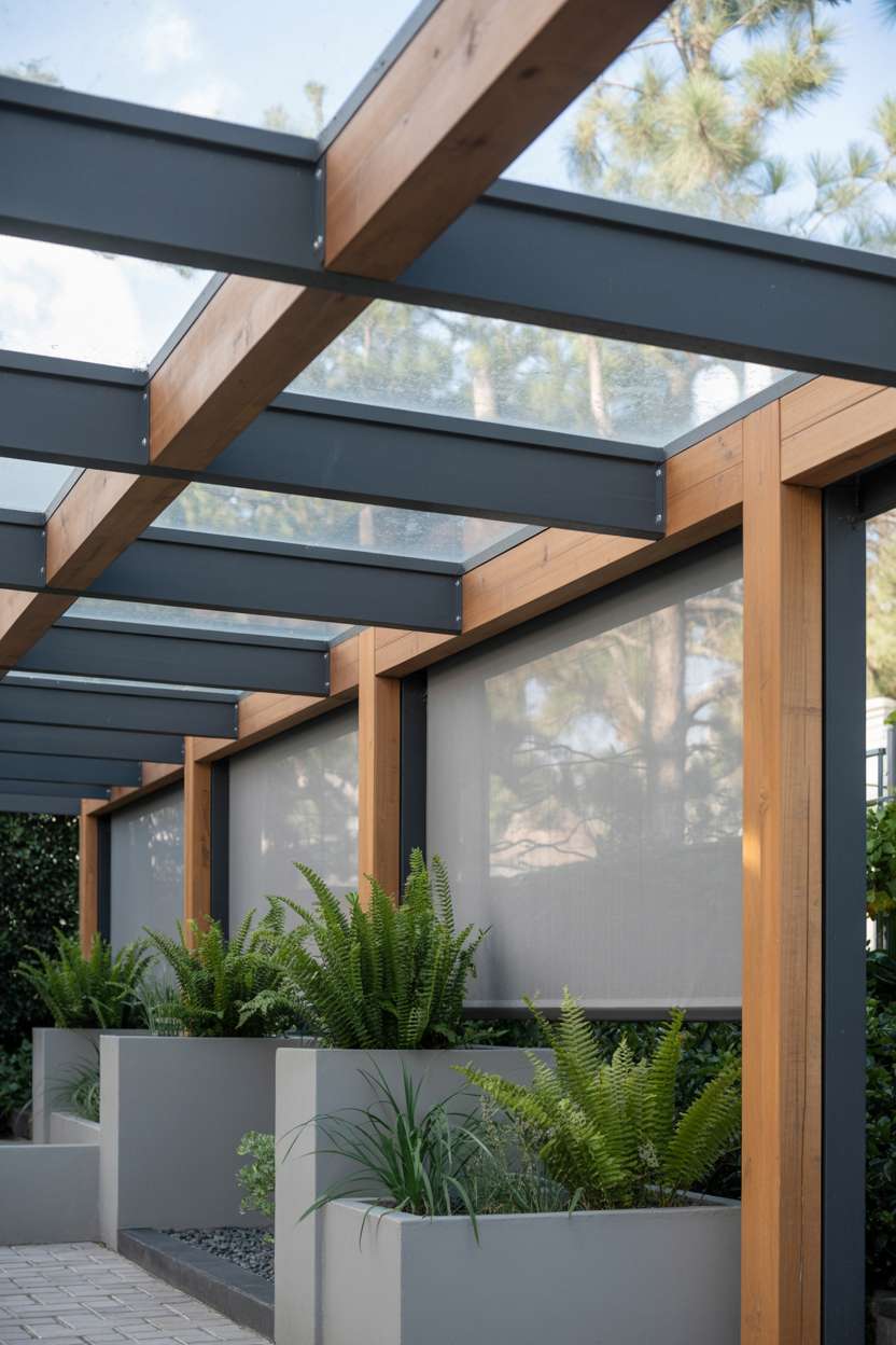 27 Stunning Modern Pergola Design Ideas for Stylish Shade 20 Modern grey metal and cedar pergola with glass panels and horizontal slats over concrete planters with ferns
