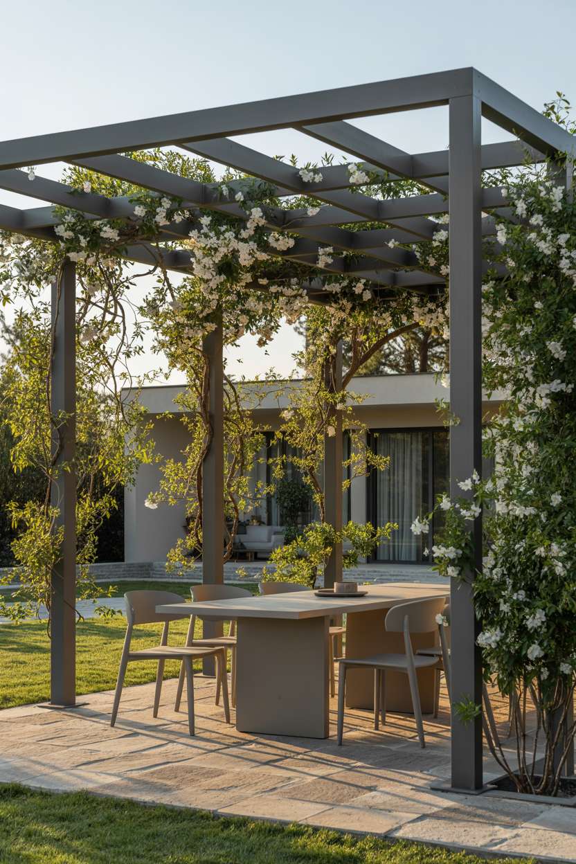 27 Stunning Modern Pergola Design Ideas for Stylish Shade 21 Grey aluminum pergola with climbing jasmine over light wood dining table and chairs on stone patio