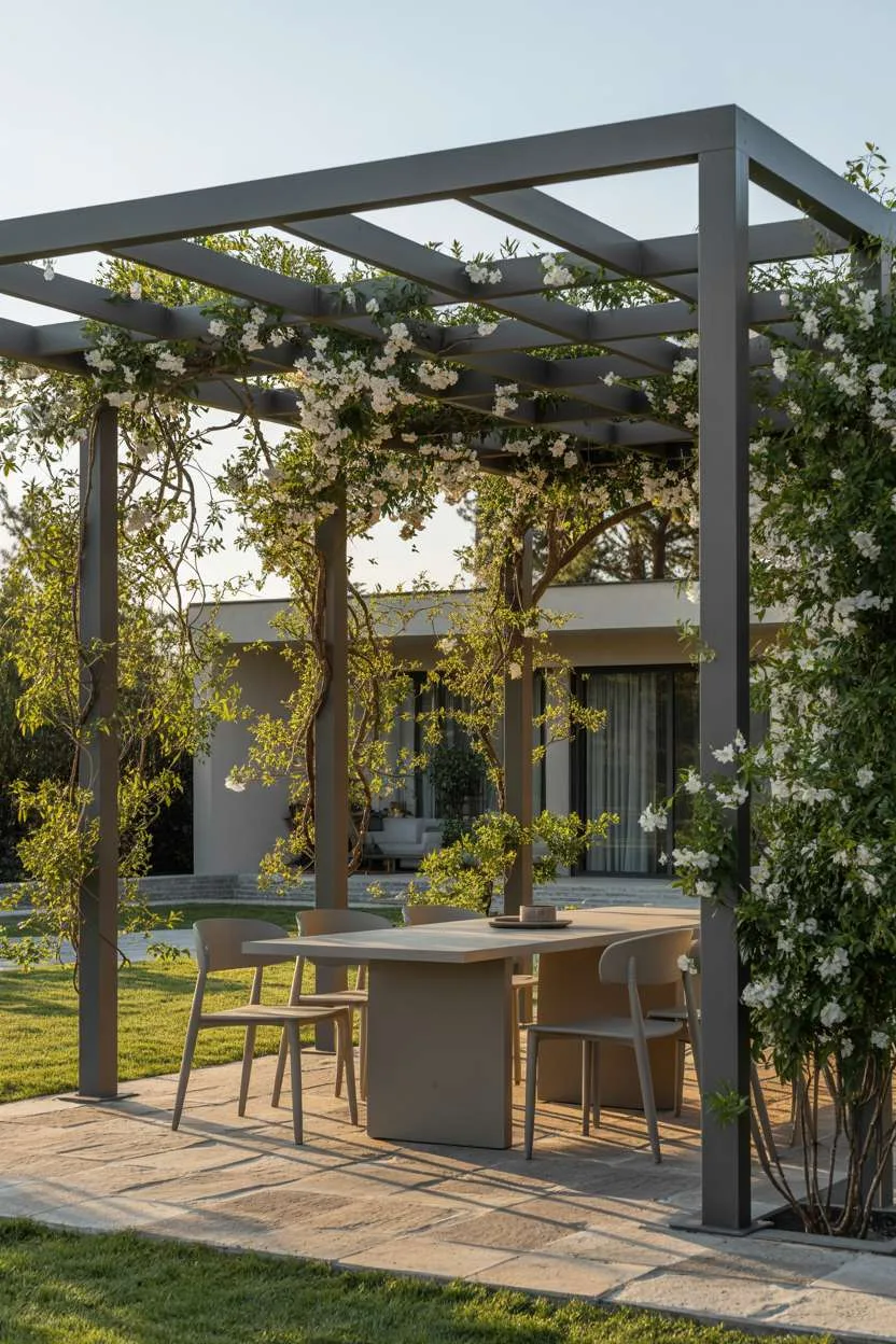 27 Stunning Modern Pergola Design Ideas for Stylish Shade 21 Grey aluminum pergola with climbing jasmine over light wood dining table and chairs on stone patio