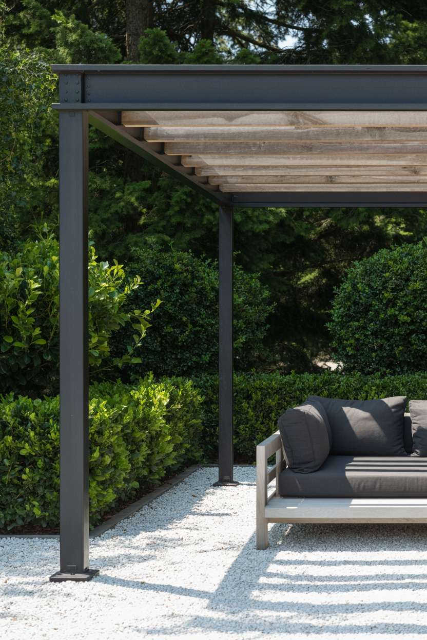 27 Stunning Modern Pergola Design Ideas for Stylish Shade 22 Dark grey aluminum and reclaimed wood pergola over white gravel patio with boxwood hedges and charcoal sofa